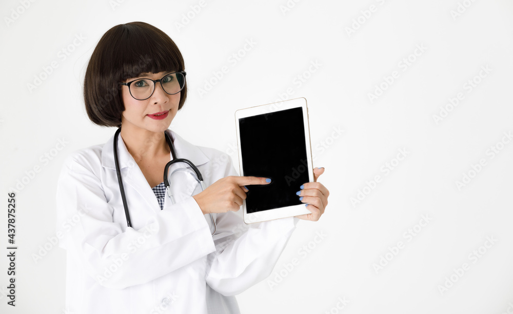 Smiling doctor showing digital tablet Smiling doctor showing digital tablet