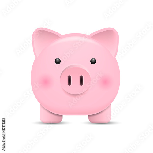 Front view. Pink piggy bank isolated on white background. Vector illustration.