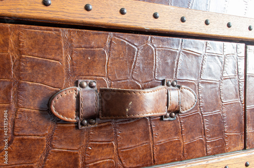 Extreme close-up of handle of steamer trunk covered with embossed leather and rivets