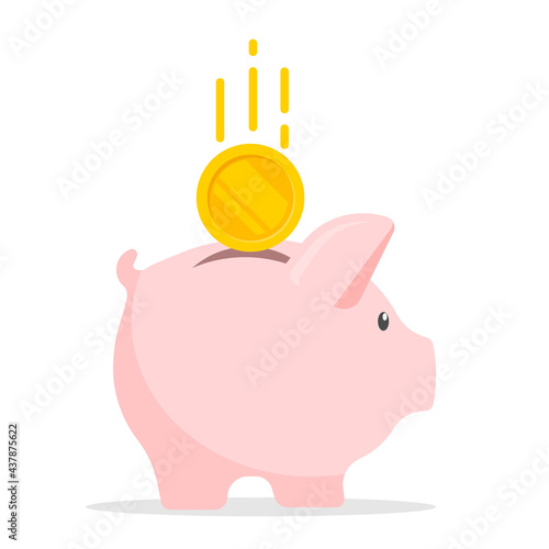 Piggy bank with coin. Money saving, economy, investment, banking or business services concept. Vector illustration.