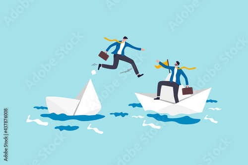 Trusted business partner to help and support in economic crisis or team and partnership to offer solution concept, brave businessman risk their life to help his partner from sinking boat in the ocean.