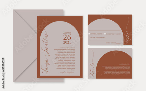 Terracotta arch wedding invitation set template with details and rsvp cards, Dusty rust invitation.