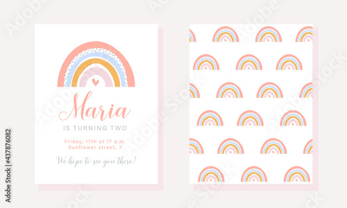 Birthday party invitation template with rainbow in pastel colors