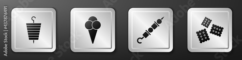 Set Grilled shish kebab, Ice cream in waffle cone, Grilled shish kebab and Cracker biscuit icon. Silver square button. Vector