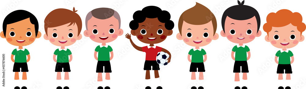International children football team. A group of boys in the sports uniform of soccer player. Vector illustration International children football team. A group of boys in the sports uniform of soccer player. Vector illustration