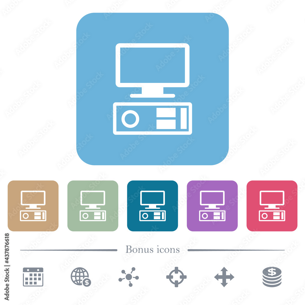Old personal computer flat icons on color rounded square backgrounds Old personal computer flat icons on color rounded square backgrounds