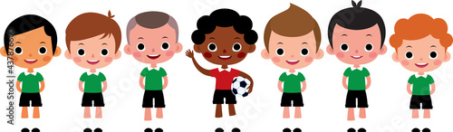 International children football team. A group of boys in the sports uniform of soccer player. Vector illustration