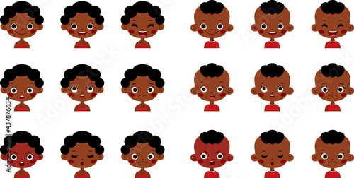 Boy and girl African American children cute emoji, set smily emoticons faces of kids vector illustration