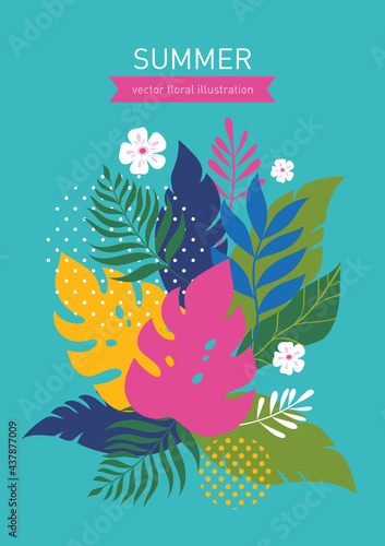 Poster with jungle exotic leaves. Cartoon vector illustration, banner, art print . Hello summer bright background, greeting card