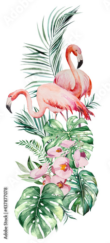Watercolor pink flamingo, tropical leaves and flowers frame isolated illustration