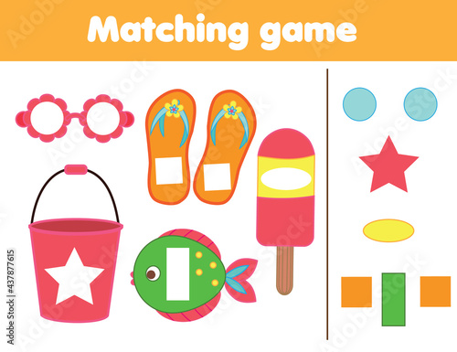 Matching children educational game. Match by shape. Activity for kids and toddlers summer holidays theme
