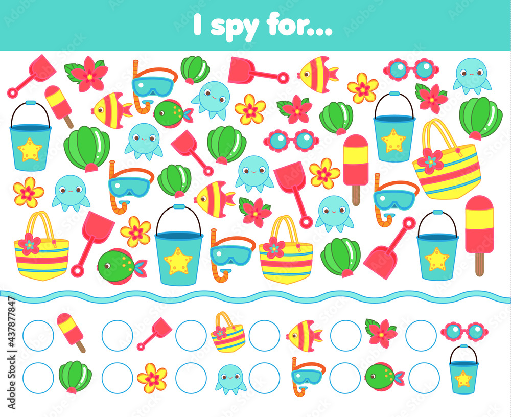 I spy game. Find and count summertime beach objects. Summer holidays activity for kids, toddlers, children