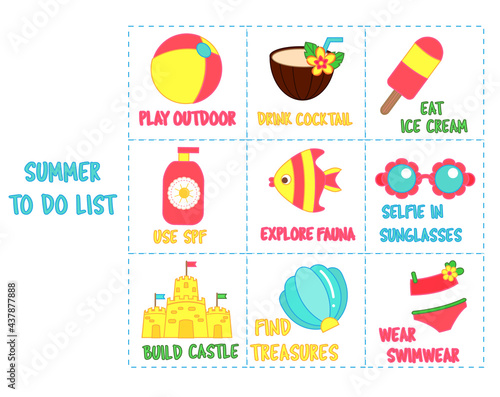 Summer holidays to do list for kids. summertime bingo for children