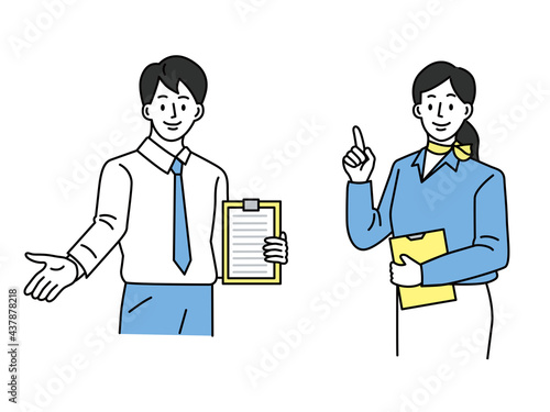 ポイント、注目、発表を表す男女のイラスト(ビジネス、クリック、チェック、アイデア、閃き、発見、営業、サービス、仕事) Illustrations of man & woman  representing points, attention, and presentations (business, clicks, checks, ideas, discoveries, service)