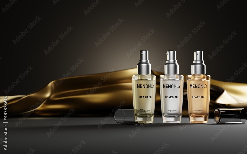 Set glass bottles cosmetics for men, scent beard oil on dark background with gold silk fabric, hair spray, serum or lotion, 3d illustration fragrance cosmetic product packaging design, ad banner Set glass bottles cosmetics for men, scent beard oil on dark background with gold silk fabric, hair spray, serum or lotion, 3d illustration fragrance cosmetic product packaging design, ad banner