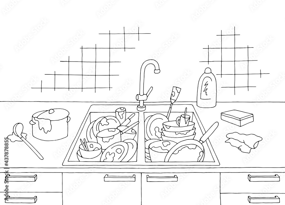 Dirty dishes in the sink kitchen mess room graphic black white home