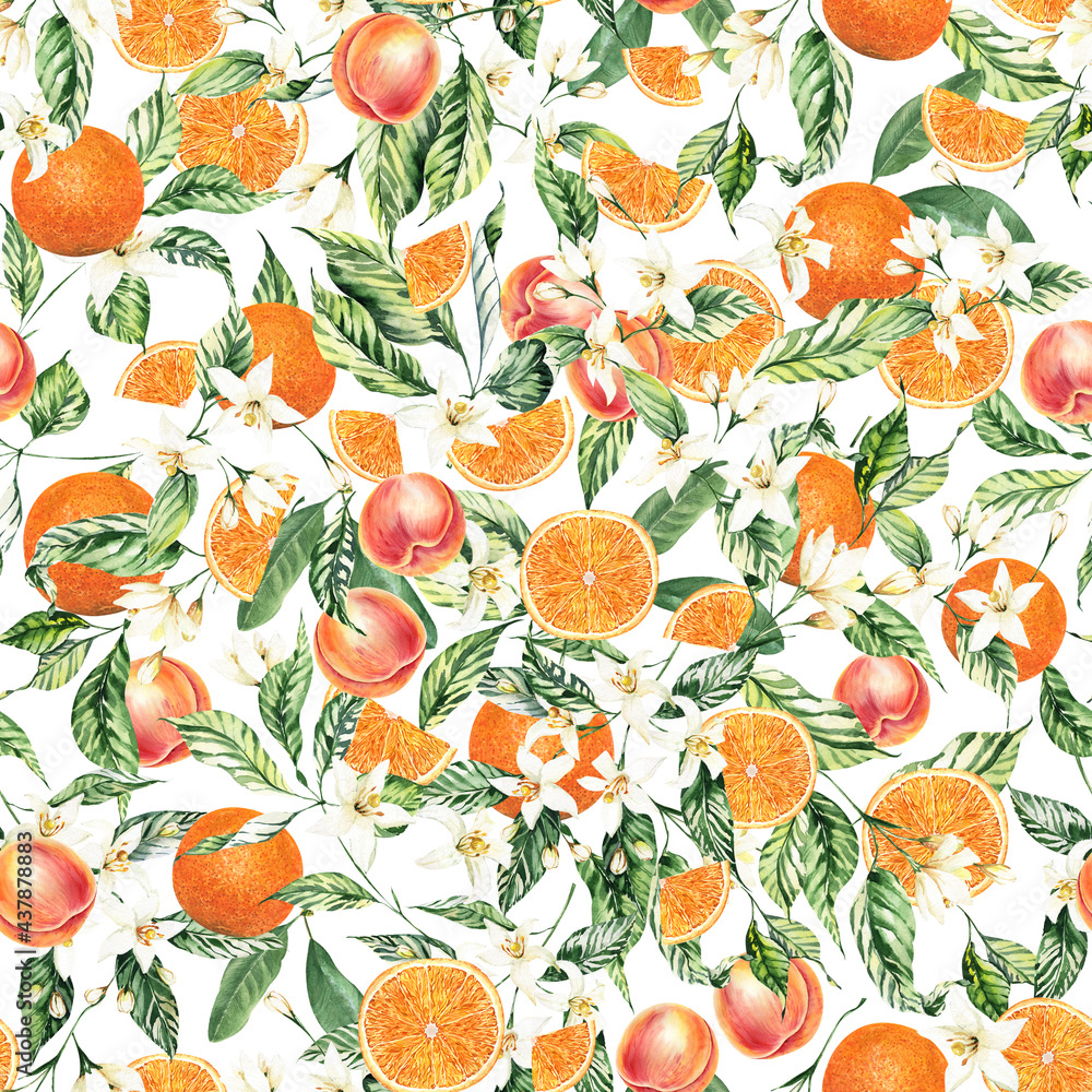 Watercolor fruits seamless pattern. Citrus bloom branches background, peach flowers and fruits repeat pattern for fabric, nursery, kids, wrappping paper, packaging Watercolor fruits seamless pattern. Citrus bloom branches background, peach flowers and fruits repeat pattern for fabric, nursery, kids, wrappping paper, packaging
