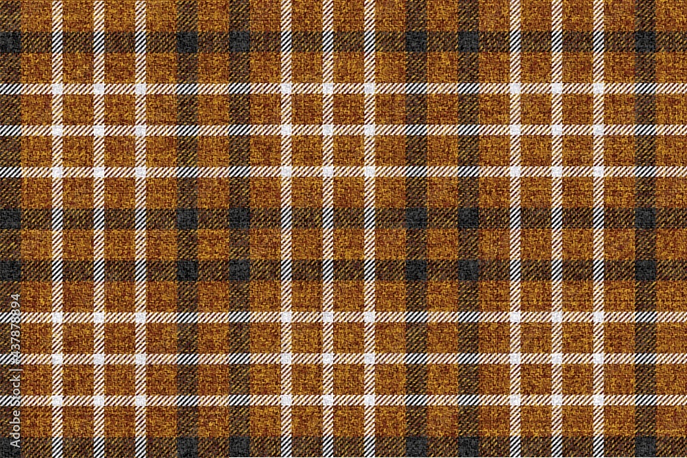 Fototapeta premium old ragged grungy seamless checkered texture of classic coat tweed brown background white black stripes for gingham, plaid, tablecloths, shirts, tartan, clothes, dresses, bedding, blankets