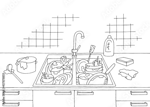 Dirty dishes in the sink kitchen mess room graphic black white home interior sketch illustration vector