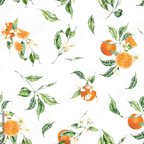 Watercolor fruits seamless pattern. Citrus bloom branches background, peach flowers and fruits repeat pattern for fabric, nursery, kids, wrappping paper, packaging