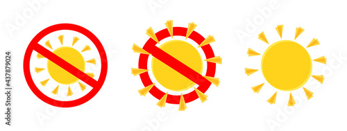 Set icon, No sun. Red stop sign Isolated on white background. Vector illustration