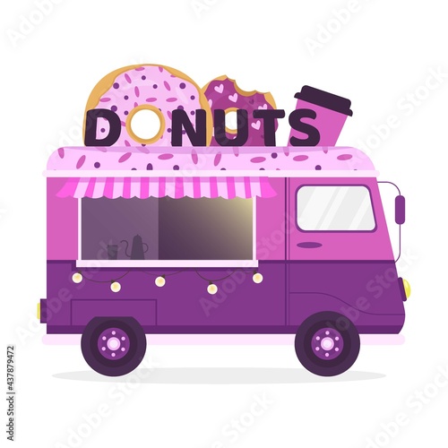 Donut truck. Vector colorful flat. Tasty fried dough confectionery or dessert. Food street store.