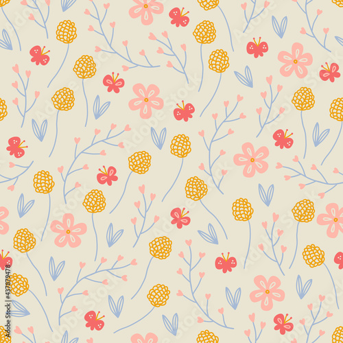 Floral seamless pattern with butterflies  flowers  leaves  herbs. Vector illustration