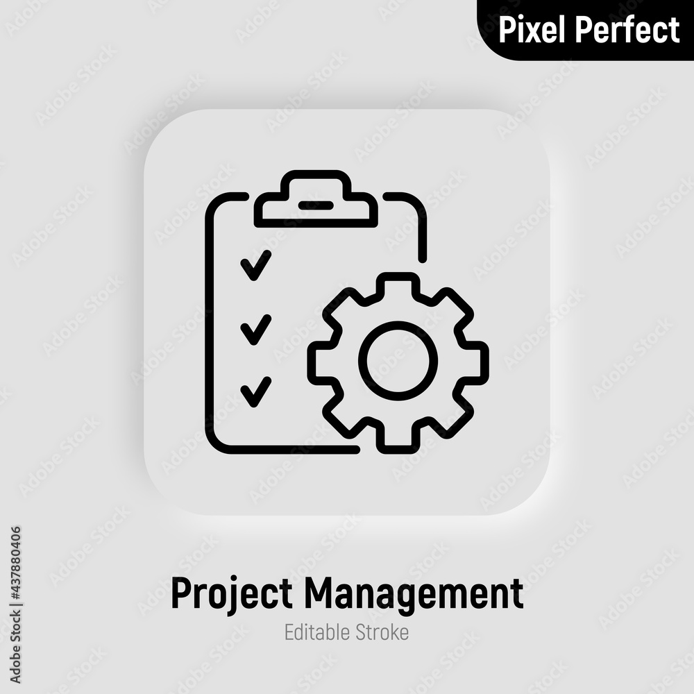 Project management thin line icon. Clipboard with checklist and cogwheel. Schedule of tasks. Pixel perfect, editable stroke. Vector illustration. Project management thin line icon. Clipboard with checklist and cogwheel. Schedule of tasks. Pixel perfect, editable stroke. Vector illustration.