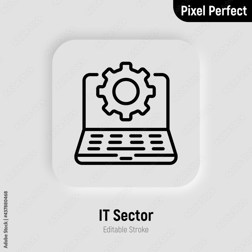 IT sector thin line icon. Open laptop with cogwheel. Settings, software service, update, configuration. Pixel perfect, editable stroke. Vector illustration. IT sector thin line icon. Open laptop with cogwheel. Settings, software service, update, configuration. Pixel perfect, editable stroke. Vector illustration.