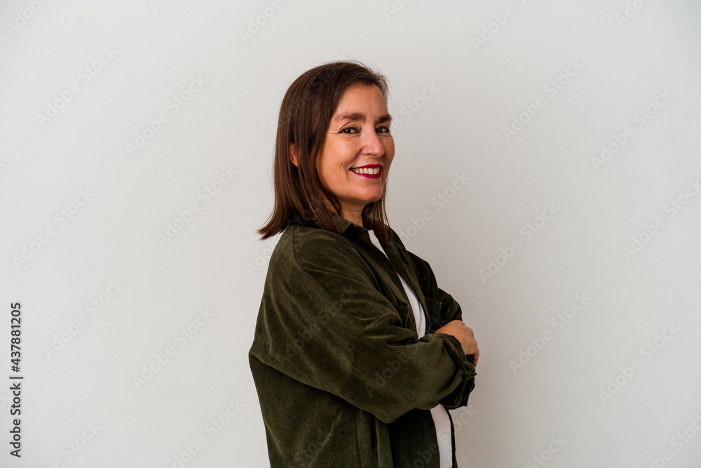 Middle age caucasian woman isolated on white background happy, smiling and cheerful. Middle age caucasian woman isolated on white background happy, smiling and cheerful.
