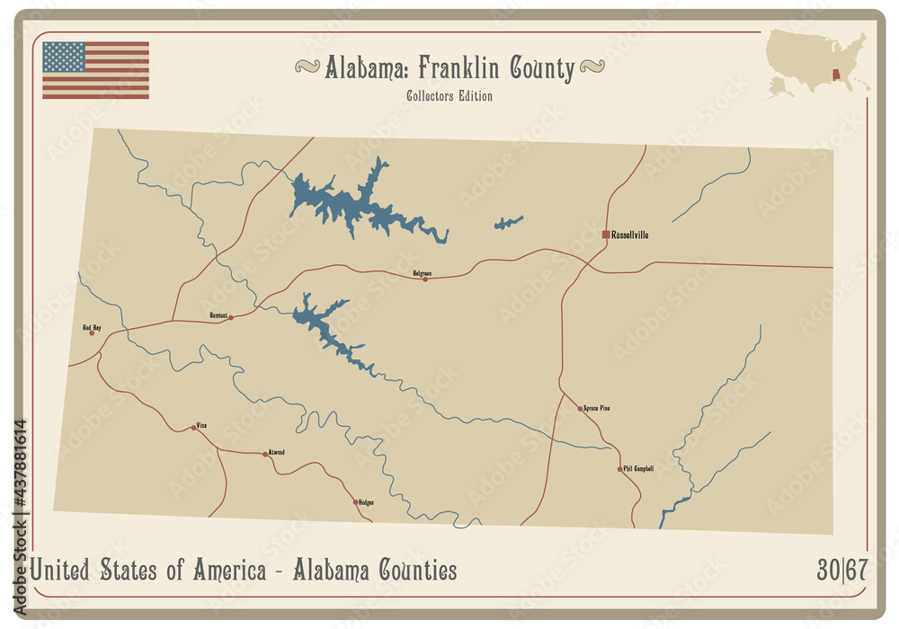 Map on an old playing card of Franklin county in Alabama, USA.