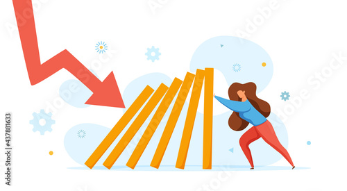Domino effect of businessman pushing hard against falling domino vector illustration