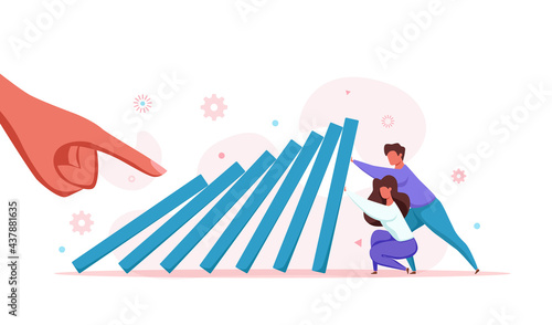 Domino effect of businessman pushing hard against falling domino vector illustration