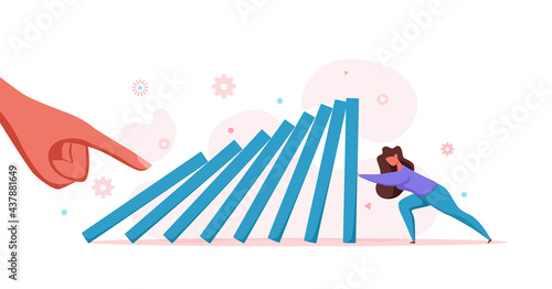 Domino effect of businessman pushing hard against falling domino vector illustration