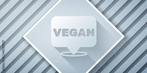 Paper cut Vegan food diet icon isolated Paper cut background. Organic, bio, eco symbol. Vegan, no meat, lactose free, healthy, fresh and nonviolent food. Paper art style. Vector