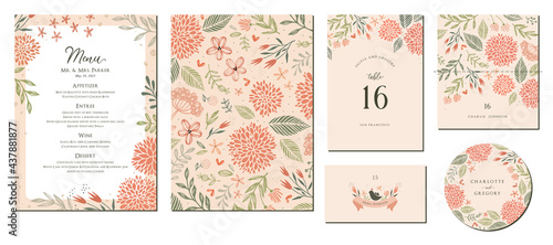 Leinwand Poster Universal hand drawn floral menu suite in warm colors perfect for an autumn or summer wedding and birthday invitations, and baby shower