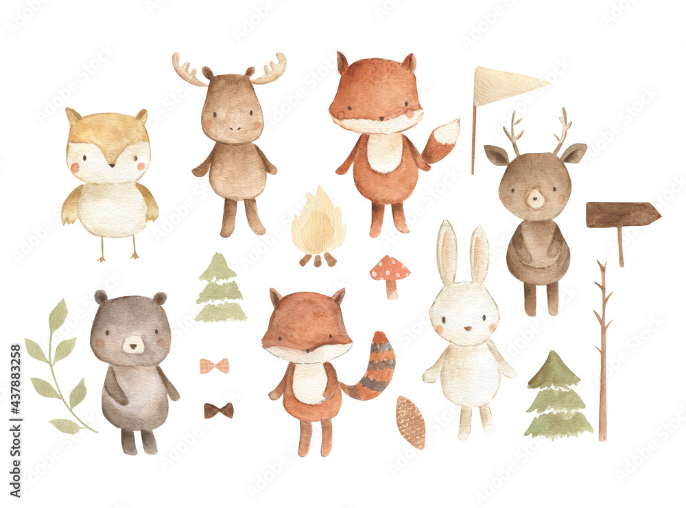 woodland animals watercolor illustration pattern Stock Illustration ...