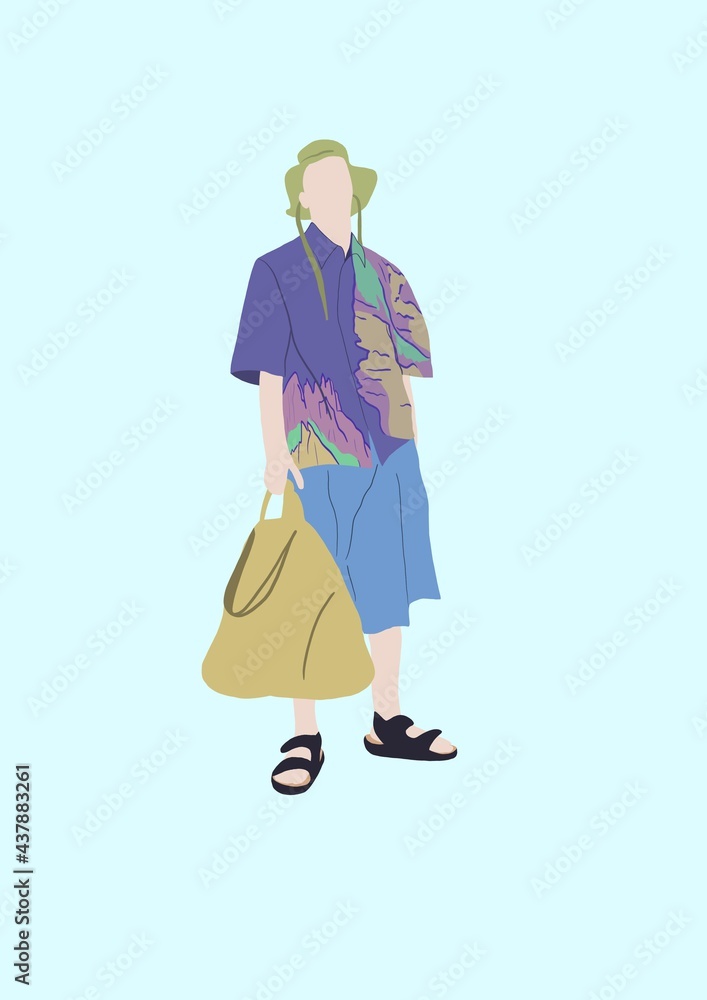 flat illustration of a stylish man in bright purple shirt with mountains holding a bag 