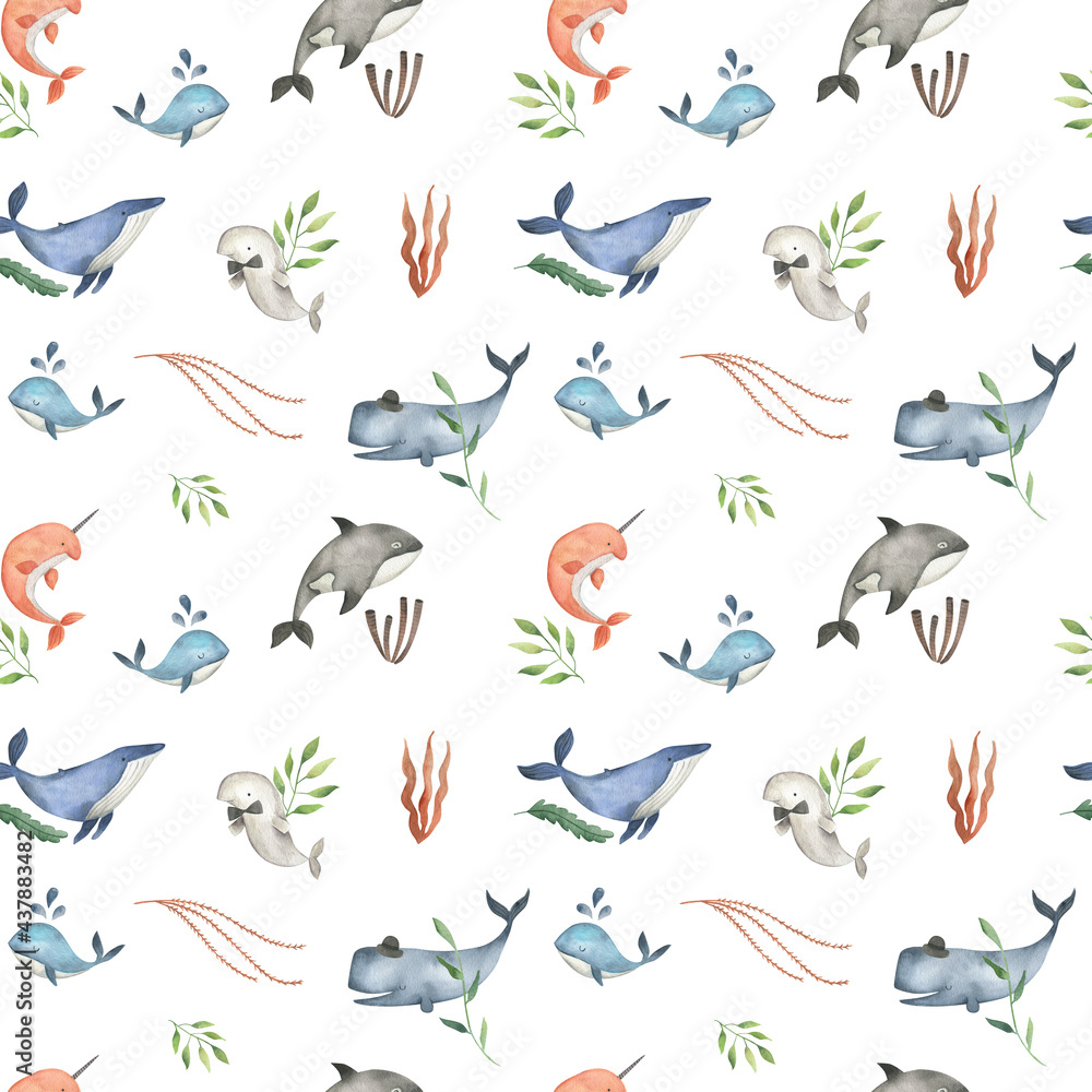 Fototapeta premium Sea animals whale watercolor illustration pattern