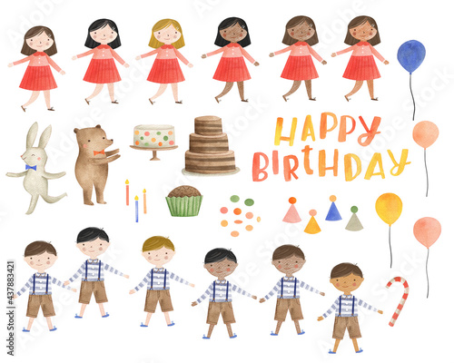 Birthday girl and boy party  watercolor illustration 