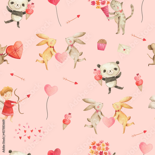 Valentines watercolor cute animals illustration pattern 