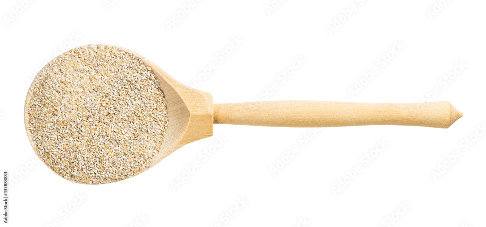 top view of wood spoon with rye bran isolated top view of wood spoon with rye bran isolated