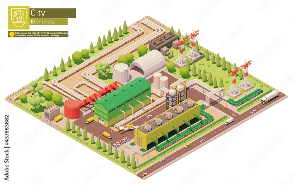 Vector isometric geothermal power station. Geothermal energy generation. Power plant with power lines and pipelines