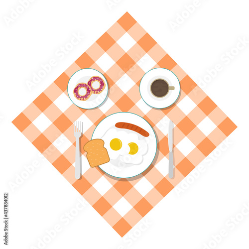 Breakfast, breakfast food on a tablecloth, breakfast menu. Vector illustration. Vector.