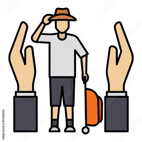 Holiday and Travel Insurance Concept Vector Color Icon Design, Financial loss Protection Symbol, Risk management Sign, Person with Lugagge and Protected with Human Hand Stock Illustration