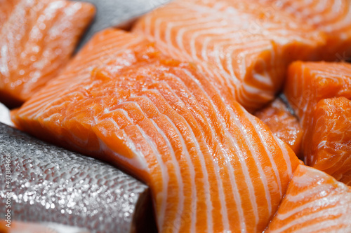 Salmon fish, cut pieces in bulk at fish market