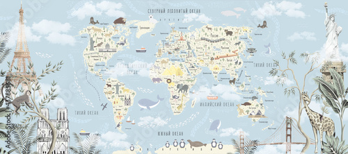Children s world map with animals and attractions in Russian. Photo wallpapers for the children s room.