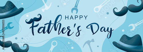 Happy Father's Day poster and banner template with tools on abstract blue background. Vector illustration for greeting card, shop, invitation, discount, sale, flyer, decoration.