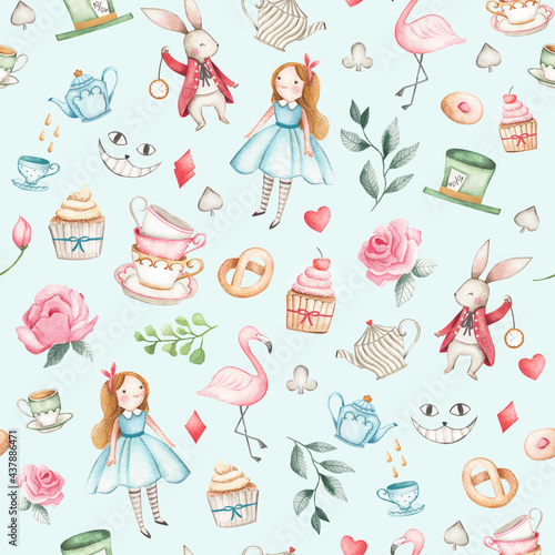 Alice in wonderland Watercolor illustration seamless  pattern 