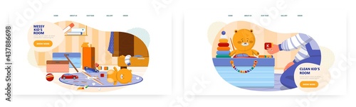 Clean and messy kids room. Landing page design, website banner vector template. Child bedroom before, after cleaning.
